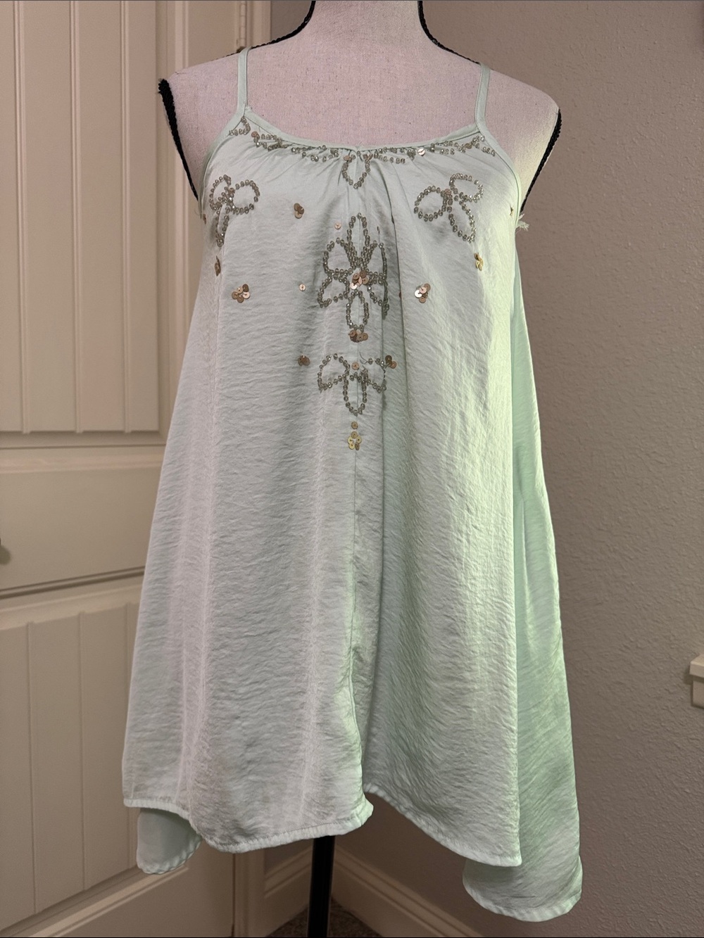 Embellished Light Mint Spaghetti-Strap Swing Top